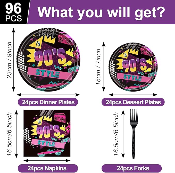 96 PCS Back to the 90s Party Decorations Supplies, Birthday Party Tableware Set 90s Party Dessert Plates Napkins Forks for 24 Guests 80s Favors