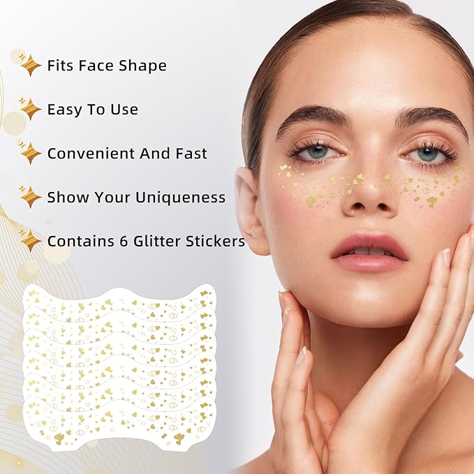 Glitter Freckles - 6PCS Glitter Freckles Face Tattoo, Metallic Silver Makeup Patches, Glow Up Face Glitter for Kids, Sweatproof Face Glitter, Cute Fake Freckles, Waterproof Face Jewels for Women