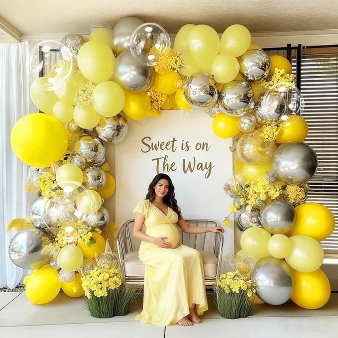 Yellow Balloon Arch Kit, Double Stuffed Pastel Yellow Sliver Metallic Balloon Garland Clear Bobo Balloons for Wedding Baby Shower Birthday Bridal to Bee Fall Party Decorations