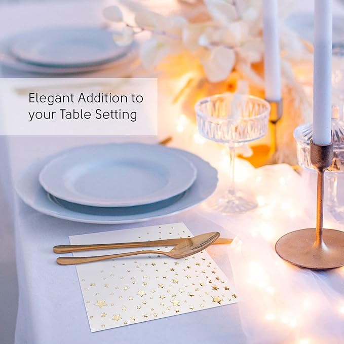 Essential Concierge Stylish 6.5 x 6.5 Inch Gold Napkins - 100 Pack of Gold Star Lunch Add Sparkle to Events with Party Luxury 3-Ply Disposable Paper Wedding for Reception