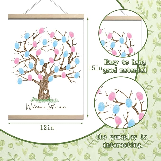 QZCYU Gender Reveal Fingerprint Tree Canvas Guest Books, Baby Shower Decorations, Gender Reveal Party Decorations Gifts Ideas, Baby Shower Party Supplies, Thumbprint Hanging Paintings(12x15in)