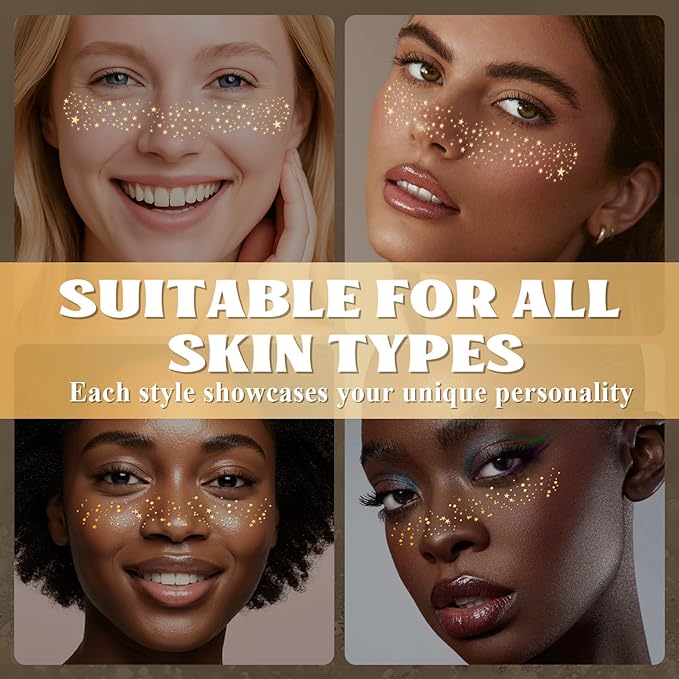 Gold Glitter Freckles Face Tattoo, 6pcs Fake Tattoos Sparkle Face Glitter, Waterproof Freckles Makeup Patches, Long-Lasting Sparkle for Festival Rave Concert Party Cosmetic Accessorie