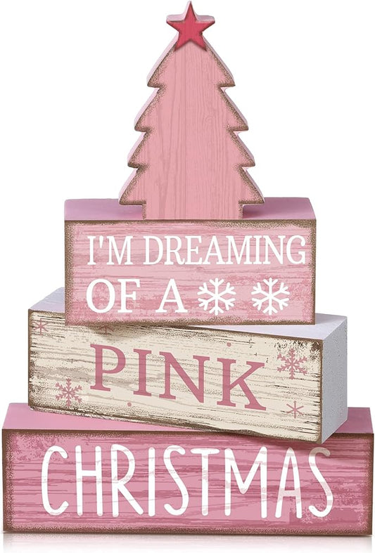 4 Pcs Christmas Table Decoration Wooden Pink Christmas Tree Centerpieces Decor Winter Tiered Tray Decor Rustic Decorative Tree Block Signs Gift Farmhouse Xmas Decoration for Home Kitchen