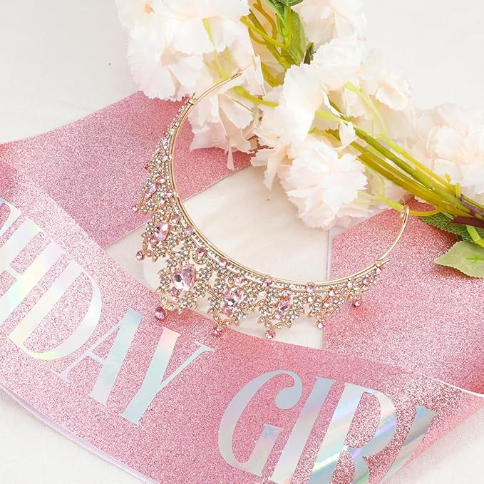 Birthday Crown and Sash Set - Princess Tiara Headband in Pink and Gold for Birthday Girl Party
