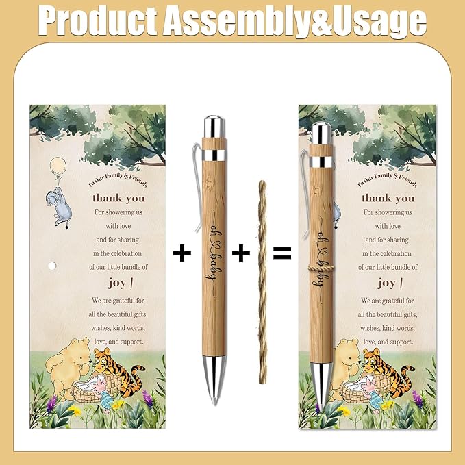 30 Pieces Baby Shower Gifts for Guests, Winnie Baby Shower Sets, Included Bamboo Pens Greeting Cards for Games, Gender Reveal Souvenirs Prizes, Winnie Baby Shower Decorations