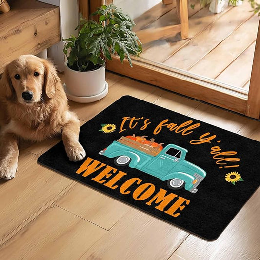 Fall Welcome Maple Leafs Decorative Door Mat, Autumn Thanksgiving Doormat for Indoor Outdoor Entrance Floor Mats,Fall Pumpkins Non Slip Harvest Vintage Decor Rubber Welcome Mats 30" x 18" Inch
