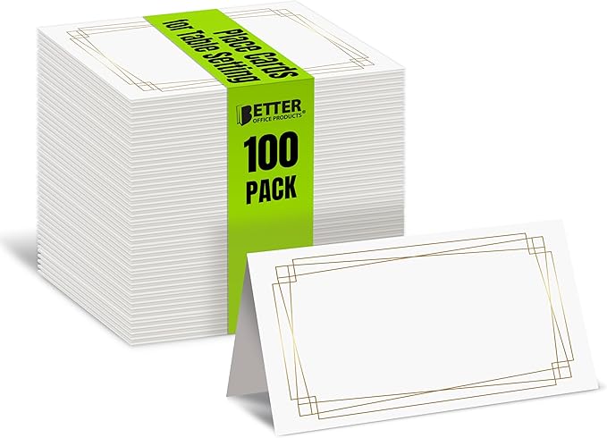 Better Office Products 100 Pack Place Cards, 2 x 3.5 in, White with Modern Metallic Gold Geometric Border, Folded Table Tent Cards for Weddings, Dinner Parties, Buffet Banquets,(100 Count)