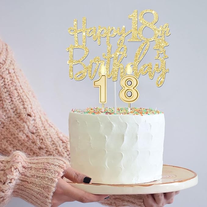 18th Birthday Decorations for Girls Gold with 18th Birthday Tiara and Sash, Cake Topper andCandles, Number Balloons, 18 Year Old Gifts for Girls