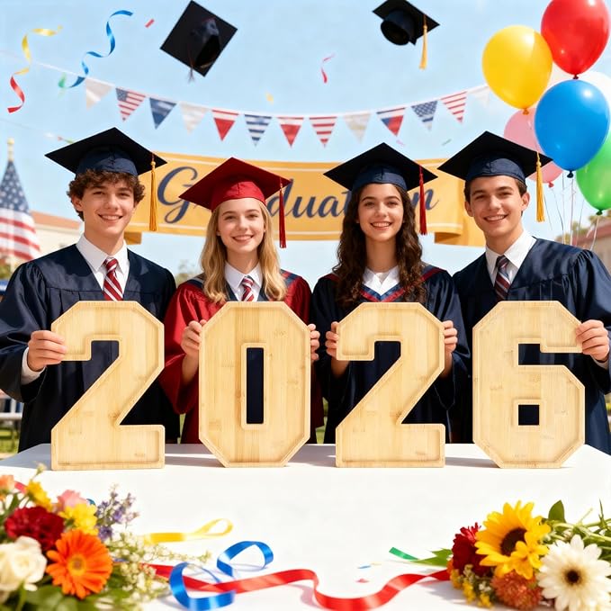 6 Packs 2026 Charcuterie Numbers Letter Board Bamboo Food Serving Trays Wooden Serving Platter for Fruit Vegetable Cupcake Cheese Plates with 2 Sauce Dishes for New Year, Graduation Party Tabletop