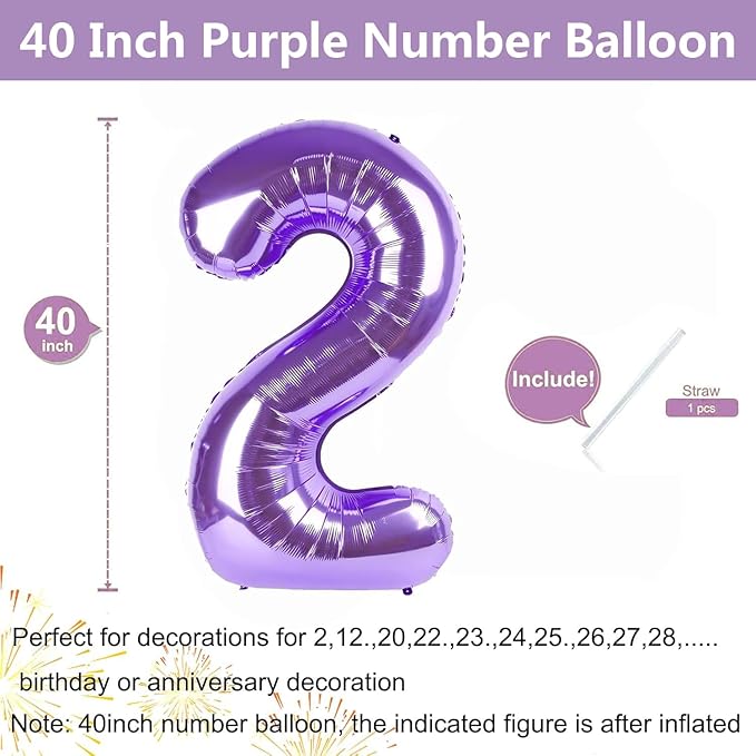 Purple Number Balloons, 40 Inch Purple Balloon 2.2 Helium Balloon 2th Birthday for 2 Years Birthday Decoration Children Girls Boys