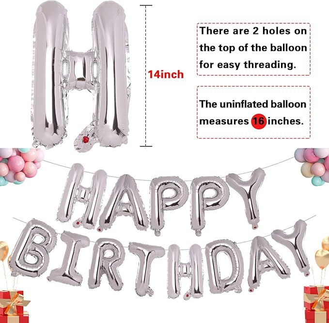Accevo Silver Happy Birthday Balloon 16 Inch Mylar Foil Letters Balloons Happy Birthday Banner for Kids Child Adults Boys Girls Happy Birthday Sign Birthday Party Decorations Supplies