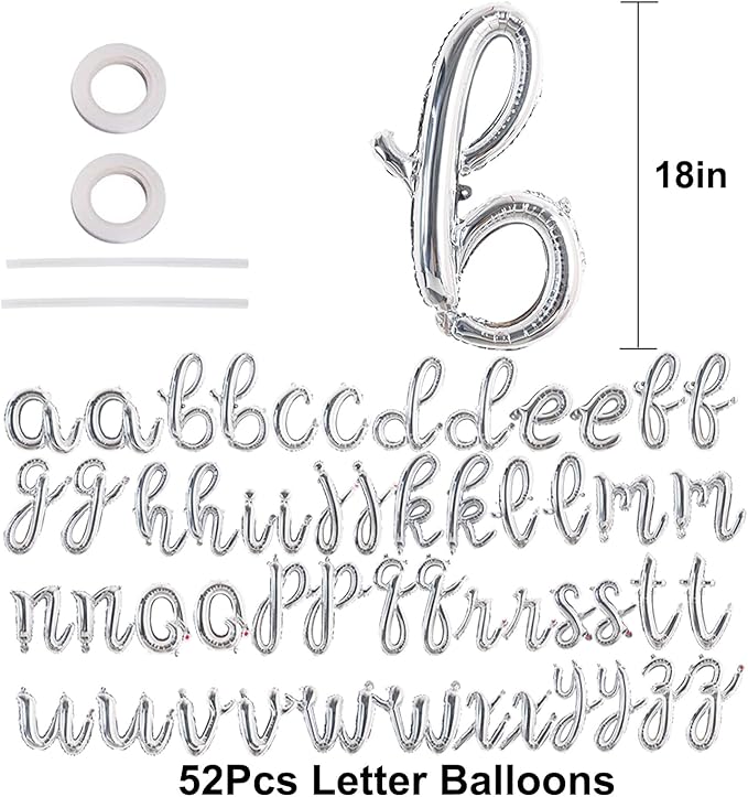 TONIFUL 52 Pcs 16 Inch Silver Cursive Letter A-Z Balloons,Cursive Custom Phrase Foil Alphabet DIY Personalized Phrase Banner for Birthday Anniversary Celebration Graduation Party Supplies Decor