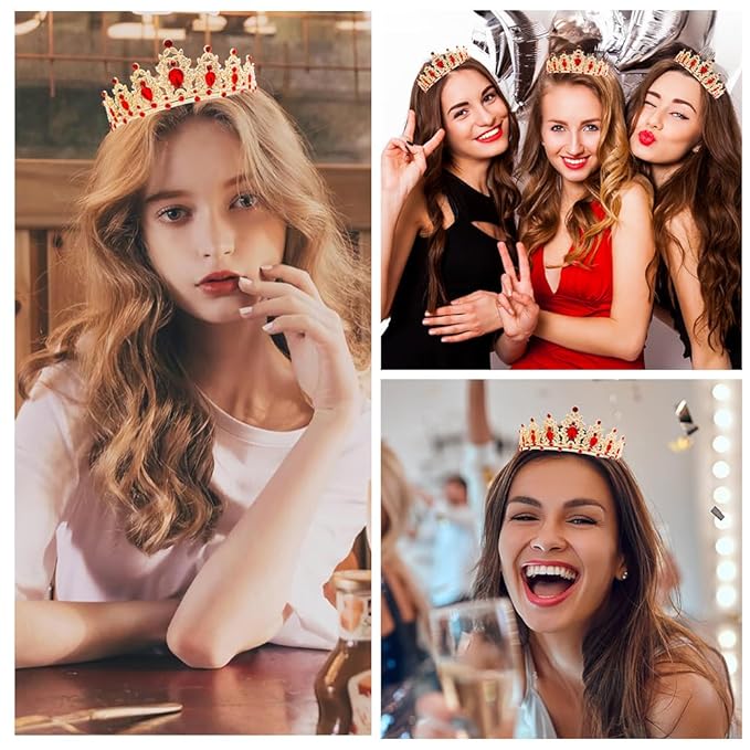 Birthday Crown Headband Birthday Sash Tiaras for Women Red Crown Princess Tiara Red Tiara Birthday Tiara for Women Tiara Headbands for Women Birthday Sash and Crown for Birthday Party, Gold+Red