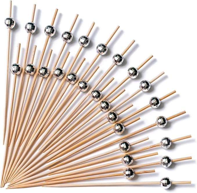 PuTwo Cocktail Picks 4.7 Inch 100pcs Bamboo Fancy Skewers Toothpicks for Appetizers Silver Disco Toothpicks for Food Drink Fruit Sandwich BBQ Charcuterie Boards Accessories Disco Party Supplies