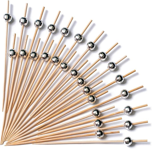 PuTwo Cocktail Picks 4.7 Inch 200pcs Bamboo Fancy Skewers Toothpicks for Appetizers Silver Disco Toothpicks for Food Drink Fruit Sandwich BBQ Charcuterie Boards Accessories Disco Party Supplies