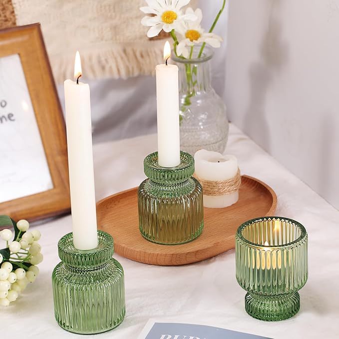 DARJEN 6 Pcs Green Candlestick Holders - Glass Taper Candle Holders Tealight Votive Candle Holders for Table Centerpieces, Wedding, Dinner Party, Home, Gifts
