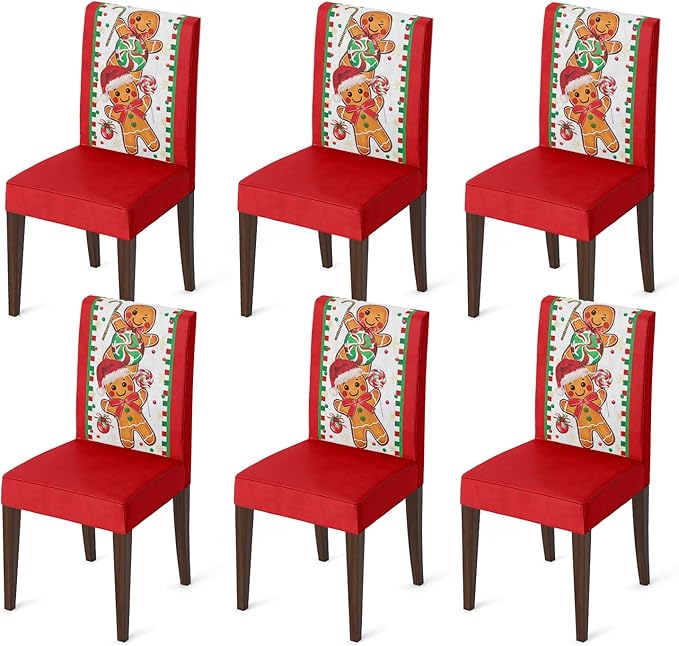 Horaldaily 6PCS Christmas Dining Chair Covers, Gingerbread Man Candy Cane Stretch Removable Washable Slipcover Chair Protector for Dining Room Home Decor
