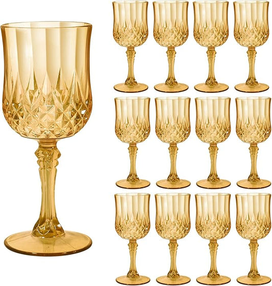 12 Pcs Plastic Amber Wine Drinking Glasses, Plastic Vintage Gold Champagne Vintage Wine Glasses, Unbreakable Goblets for Parties Wedding, Party, Red Wine Glass, Bars, Restaurants, 7Oz