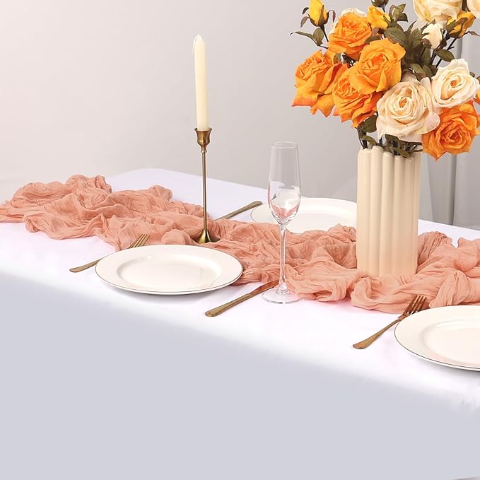 6 Pack Peach Cheesecloth Table Runner 10FT Boho Gauze Fabric Table Runner 35 x 120 Inch Rustic Sheer Runner for Centerpiece Wedding Decor Baby Shower Party Boho Table Decoration