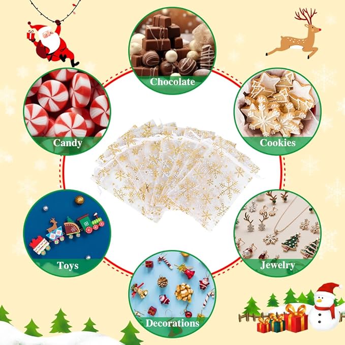 Christmas Organza Gift Bags 4x6 Gold Snowflake Mesh Bag Drawstring 50 Pcs White Mesh Gift Bags Drawstring Xmas Favor Bags Jewelry Pouches Bulk Gift Pouch for Birthday Wedding Christmas Party Supplies