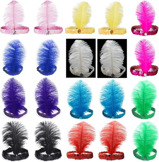 Luckygift 1920s Flapper Headband Ostrich Feather Headpiece Roaring 20's Party Costume Flapper Headpiece with Mixed Color 20PCS