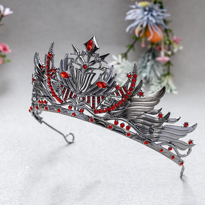 Gothic Red Crystal Flame Wing Tiara Crown for Women Girls, Halloween Cosplay Dark Queen Headpiece, Vintage Rhinestone Headband for Masquerade Party Wedding Prom Stage Accessories