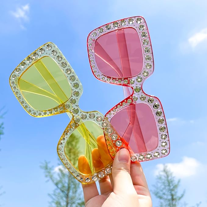 10/20 Pack Crystal Oversized Square Sunglasses Retro Diamond Glitter Sparkling Disco Glasses Party Favors