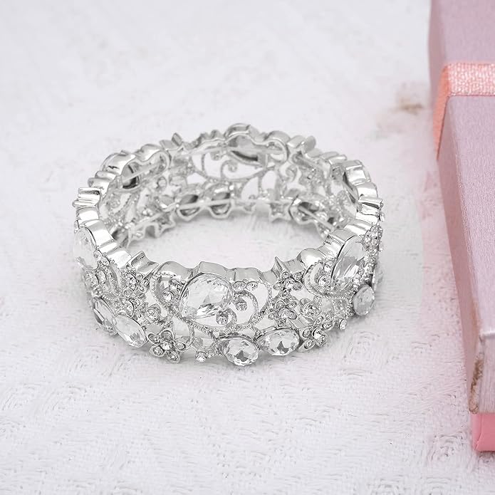 CSY Elegant Crystal Costume Jewelry Sets Flower Bridal Necklace Earrings Stretch Bangle Set for Bride Bridesmaid Wedding Dress Accessories