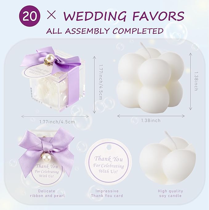 20 Pcs Small Bubble Candles Elegant Party Favors Bulk Set with Decorative Ribbons Thank You Cards for Bridal Shower Guest Gifts (20, Purple)