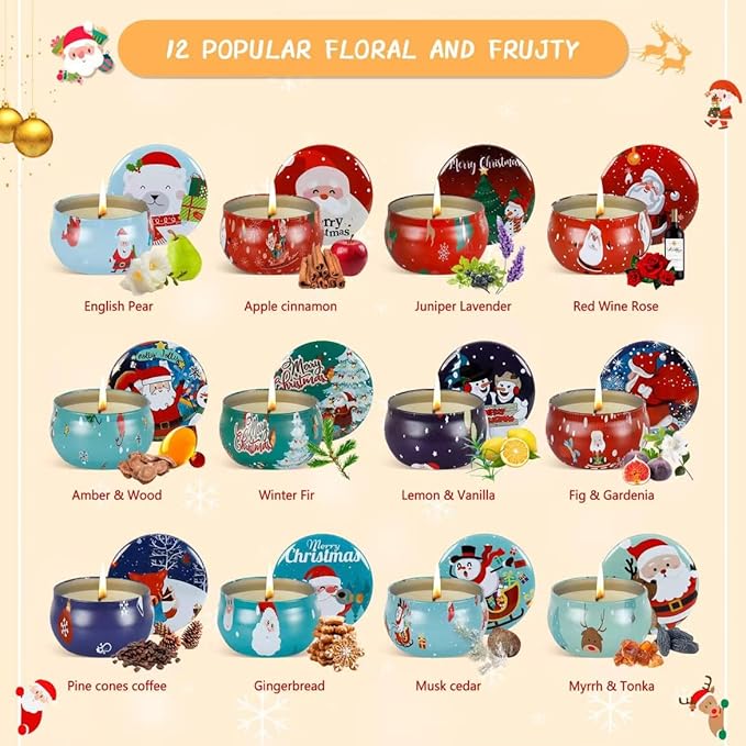 Christmas Scented Candles Gifts Set for Women, 12 Pack 2.5 Oz Xmas Candle Set, Natural Soy Wax Aromatherapy Candles for Christmas Gifts for Women Her
