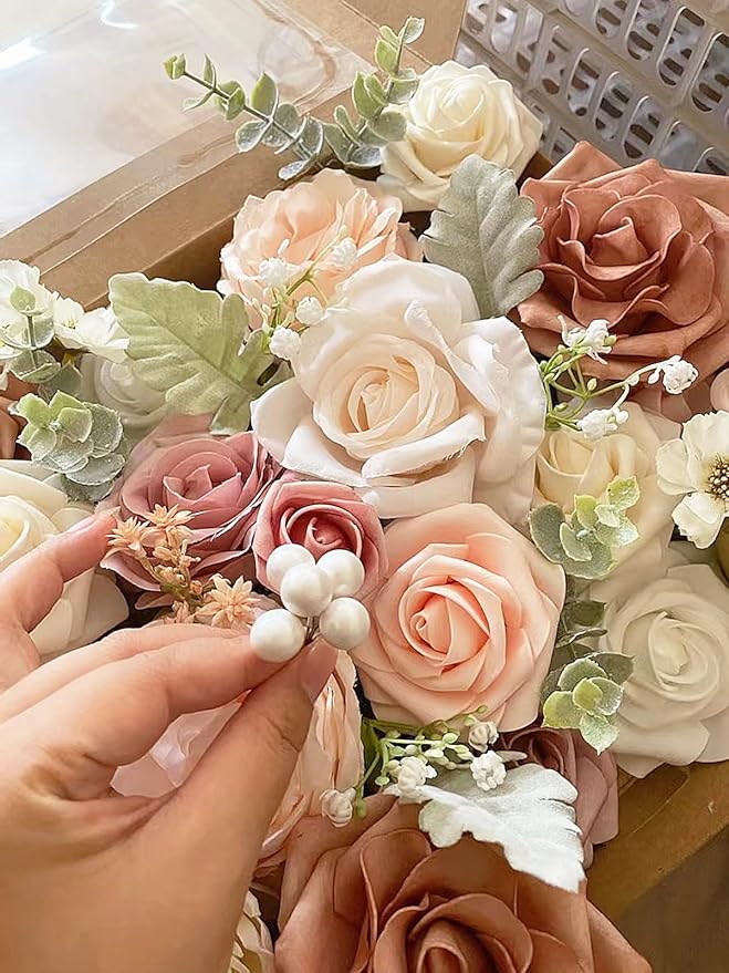 Pink Rose Artificial Flowers Dusty Fake Flower with Stems Bulk for DIY Wedding Bouquets Bridal Baby Shower Centerpiece Table Decorations Silk Faux Floral Arrangements Party Home Decor Indoor