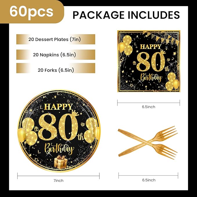 80th 7 inch Birthday Party Paper Plates and Napkins Forks 60 pcs Black Gold Birthday Decorations for Boys Girls Tableware Set for Anniversary Party Supplies,Serve 20