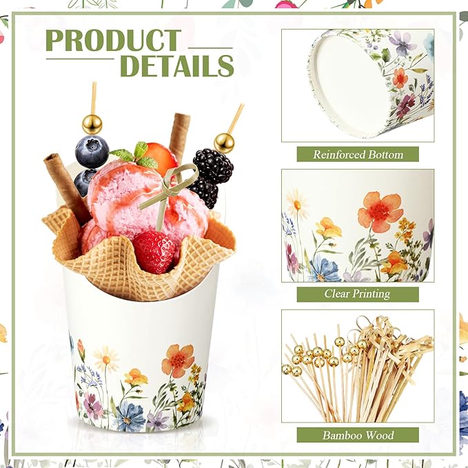Tioncy 250 Pcs Charcuterie Cups with Cocktail Picks Sets, Bridal Shower Decoration 50 Charcuterie Cups with 200 Sticks for Wedding Baby Shower Floral Boho Witch Party Decorations(Colorful,Wildflower)