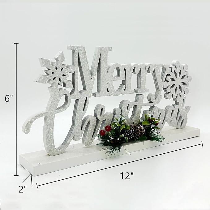 Christmas Decorations Merry Christmas Decor Snowflake Silver Shining Sign Farmhouse Wooden Winter Rustic Decor Vintage Holiday Block Tabletop for Home Kitchen Xmas