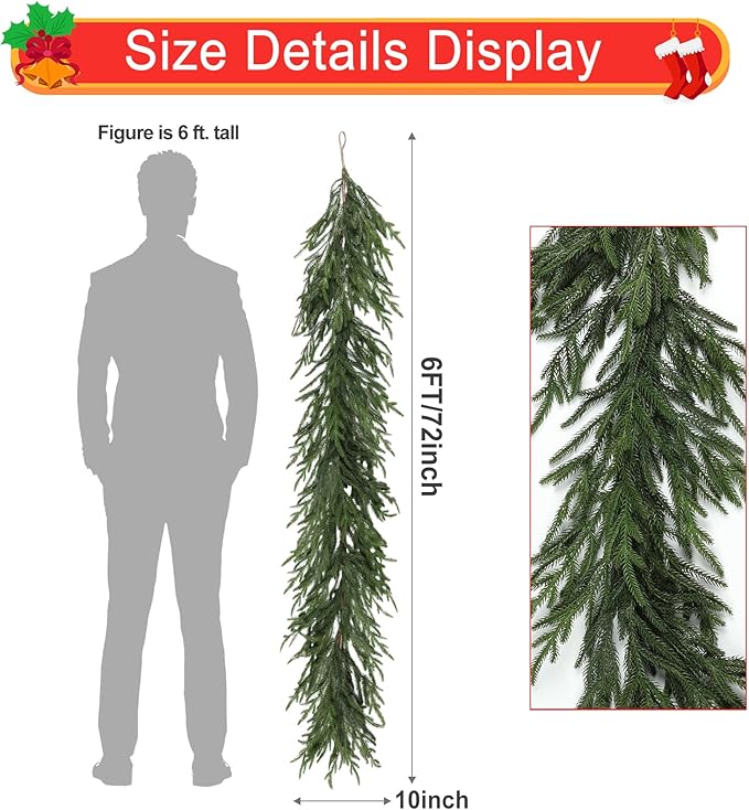 Artgar 6 Ft Pine Garland - Real Touch Pine Garland - Artificial Greenery Christmas Garlands - Green Cedar Garlands for Mantel Staircase Tabletop Home Indoor Outdoor Winter Christmas Decor