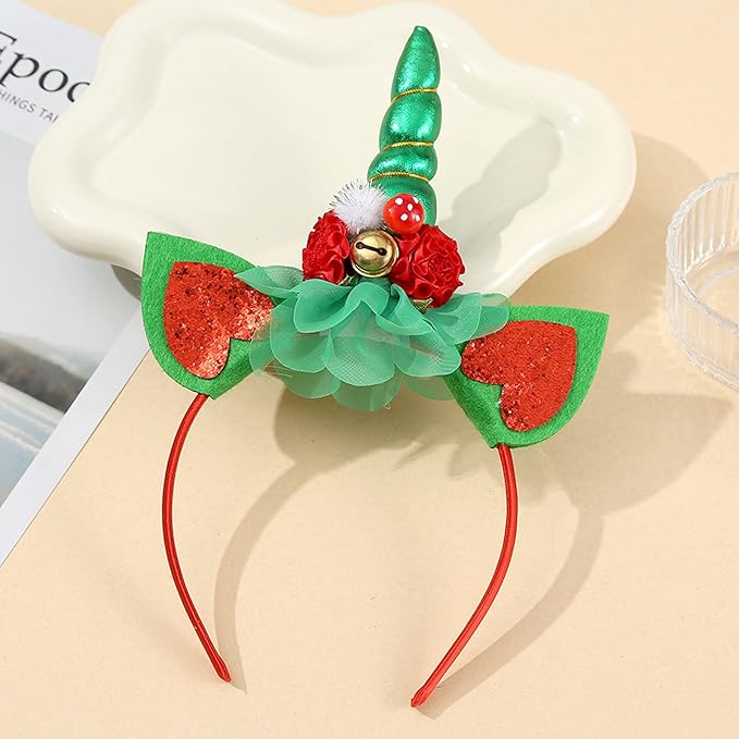 Christmas Unicorn Headband for Women - Festive Green Glitter Unicorn Ear Hairband, Cute Holiday Party Headwear for Xmas, New Year, Costume, Photo Props, Family Accessories