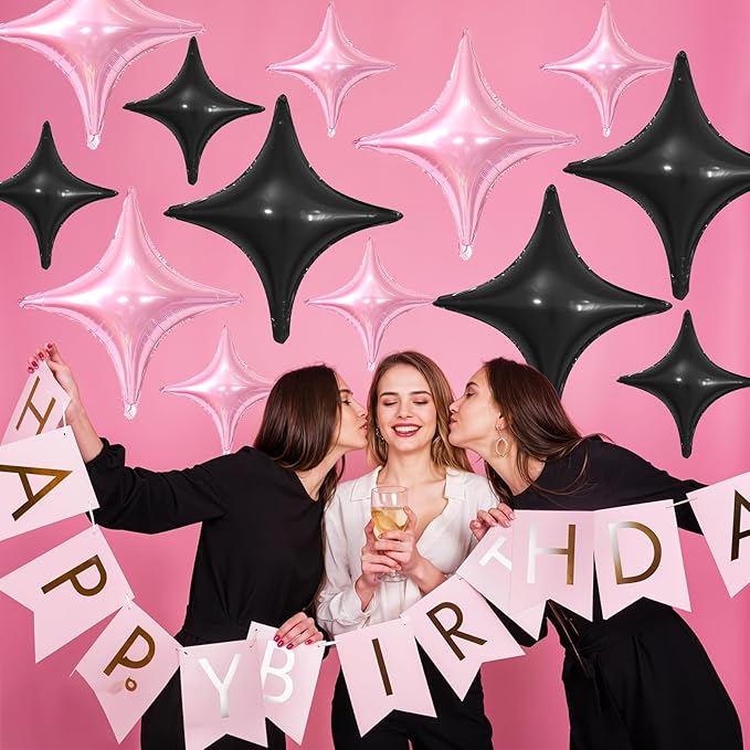 Pink Black Star Balloons,12Pcs Four Angle Star Foil Balloons,26Inch and 10Inch Pink Black Quadrangle Helium Balloon for Birthday Anniversary Party Decorations
