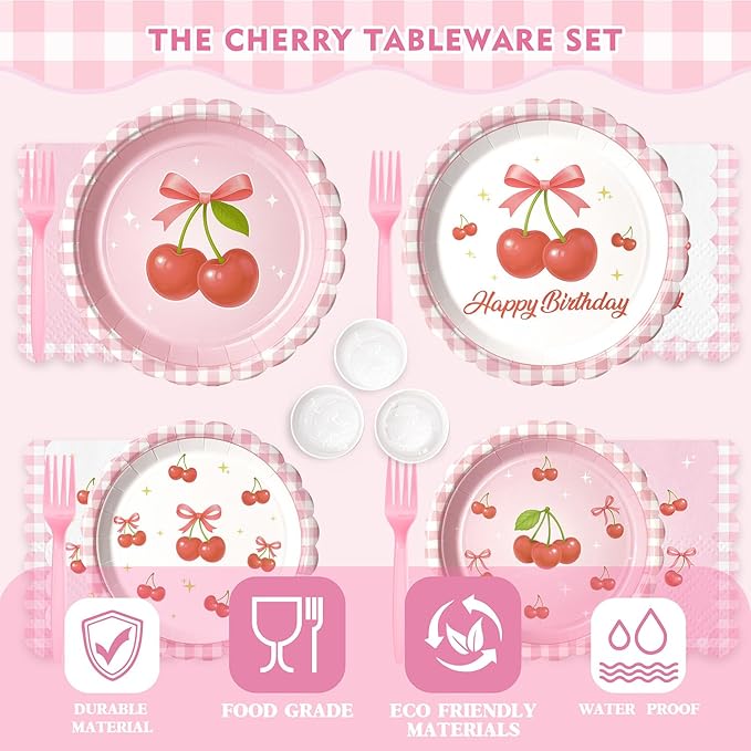 300 Pcs Cherry Plates and Napkins Tableware Set (Serves 50), Plates Napkins Cups Straws and Forks Sets, Cherry Party Birthday Supplies, Tropical Baby Shower Birthday Bridal Party Decorations