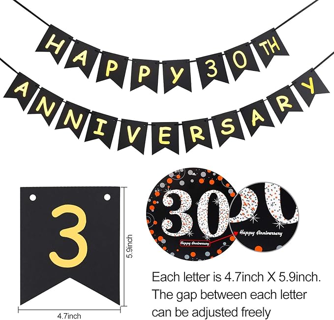 Yoaokiy 30th Anniversary Party Decorations Kit - Gold Happy Banner, 9 Hanging Swirls, 6 Poms for Wedding Celebration Supplies