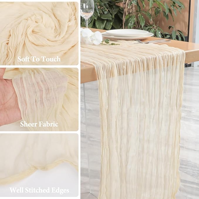 NESCCI 2 PCS Beige Table Runner,Rustic Boho Cheesecloth Table Runner,35x120 Inches Beige Runners for Tables, Pefect for Mothers Day Wedding Baby Shower Birthday Party Home Decorations
