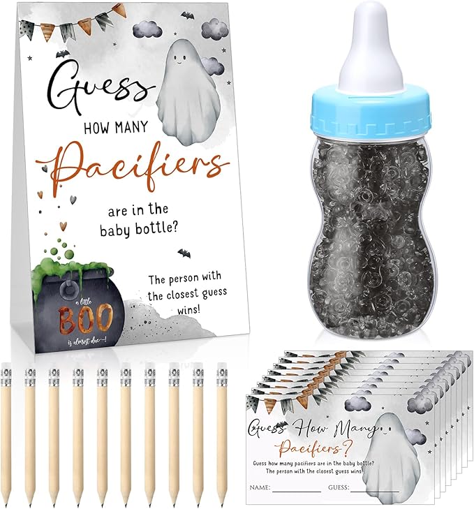 Roowest 512 Pcs Baby Shower Games Guess How Many Pacifiers Sign 100 Small Guessing Games 10 HB Pencils 750ml Milk Bottle 400 Acrylic Pacifiers Decoration for Guest Gender Reveal(Blue,Halloween)