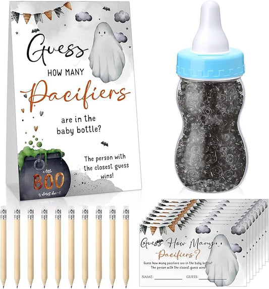 Roowest 512 Pcs Baby Shower Games Guess How Many Pacifiers Sign 100 Small Guessing Games 10 HB Pencils 750ml Milk Bottle 400 Acrylic Pacifiers Decoration for Guest Gender Reveal(Blue,Halloween)