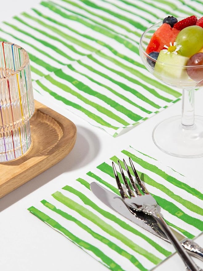80 Pack Designer Cocktail Beverage Napkins, 3-Ply 5x5-inches Disposable Decorative Fall Winter Green and White Stripe Watercolor Napkin for Wedding Birthday Anniversary Party Baby Shower