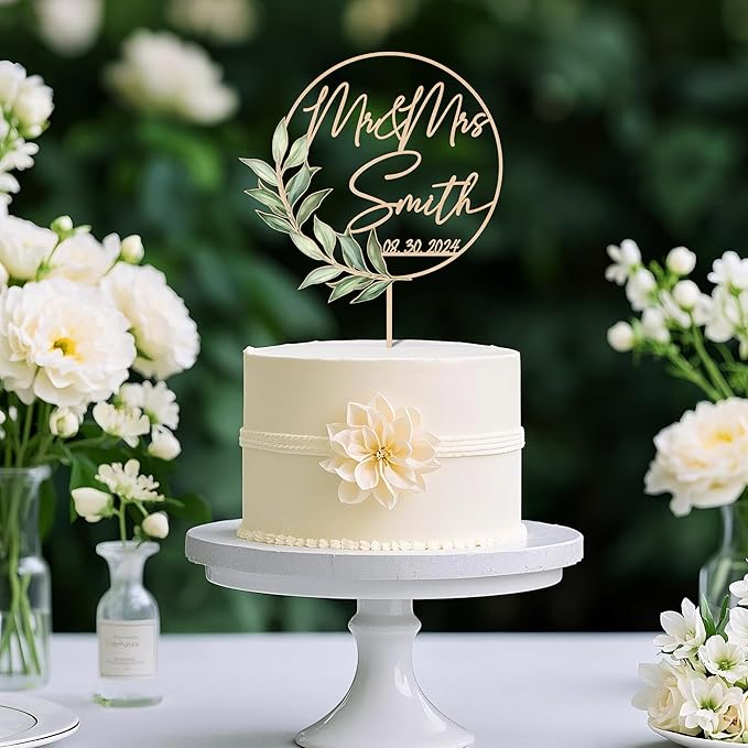 Wedding Cake Topper Mr & Mrs Personalized Last Name Date Green Leaves Wooden Cake Topper Wedding Anniversary Keepsake