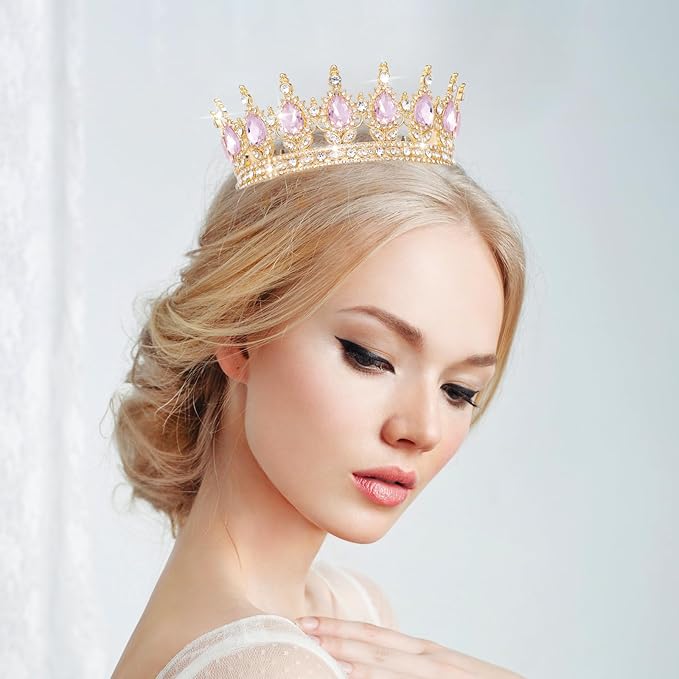 Queen Crown Rhinestone Wedding Crowns and Tiaras for Women Costume Party Hair Accessories Princess Birthday Crown Crystal Bridal Crown (Gold & Pink Crown)