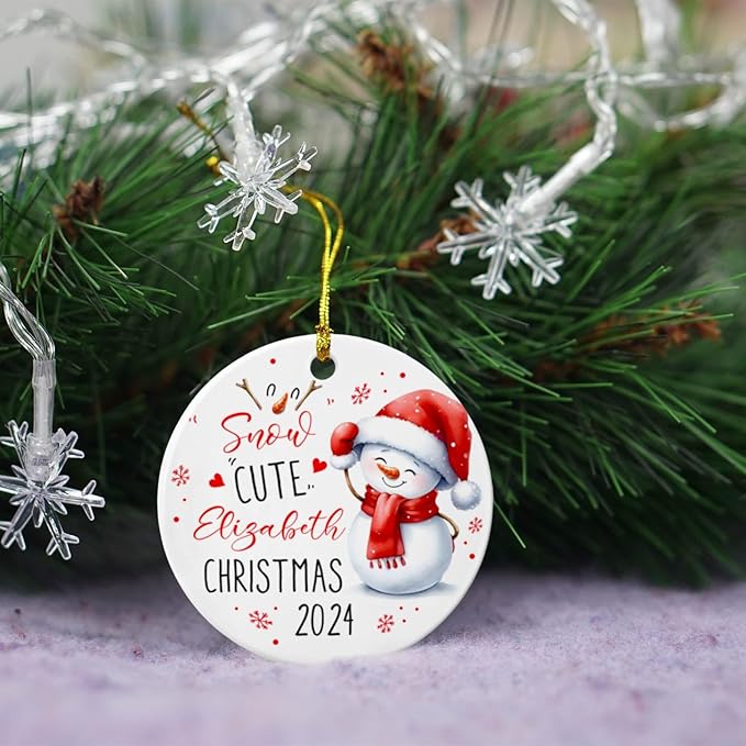 Personalized Snow Cute Christmas Ceramic Ornament, Snowman Wearing Santa Hat, Holiday Keepsakes Gifts for Baby Boy Girl Kids, Custom Name & Year for Xmas Tree