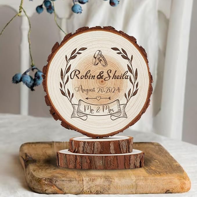 Personalized Rustic Wedding Cake Topper Wood Boho Custom Wedding Cake Toppers Mr Mrs, Wooden Slice Groom and Bride Gifts Decorations, Country Style Anniversary Party Supplies in Wood