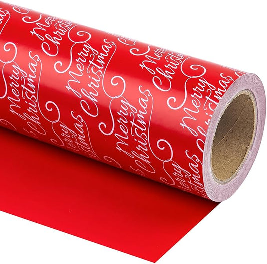 WRAPAHOLIC Reversible Red Christmas Wrapping Paper - Mini Roll - 17 Inch x 33 Feet - Merry Christmas and Solid Red Wrapping Paper for Holiday, Party Celebration