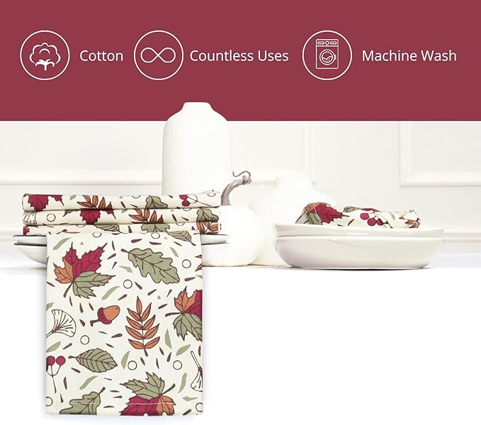 PurpleEssences Fall Harvest Thanksgiving Napkins 18x18 Inch, Set of 6-100% Cotton Autumn Leaves Print - Reusable, Washable Dinner Napkins for Home, Kitchen & Parties - Sienna Sage