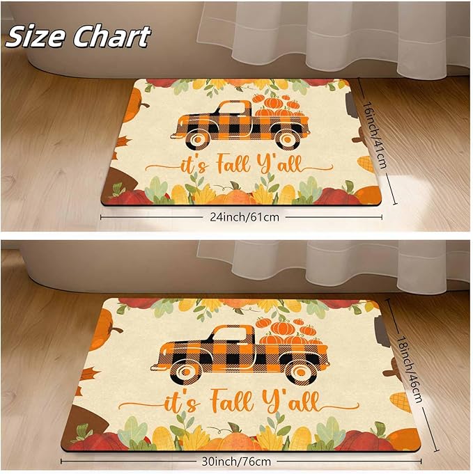 Thanksgiving Doormat Fall Welcome Buffalo Plaid Truck Door Mat Front Door Outdoor Doormat Outside Entrance Porch Non Slip Rubber Rug Autumn Halloween Thanksgiving Farmhouse Decor, 24"x16"inch